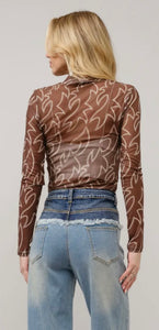Brown & cream boot stitch mesh long sleeve top
