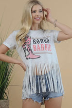 Load image into Gallery viewer, Oatmeal short sleeve fringe pink rodeo boot top
