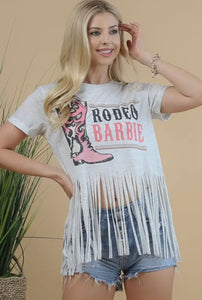 Oatmeal short sleeve fringe pink rodeo boot top