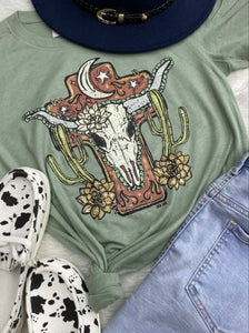 Sage green & rust steer head cross t-shirt