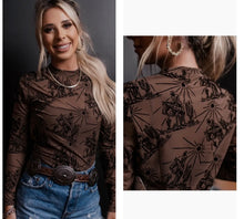Load image into Gallery viewer, Brown with black sunburst cowboy mesh top

