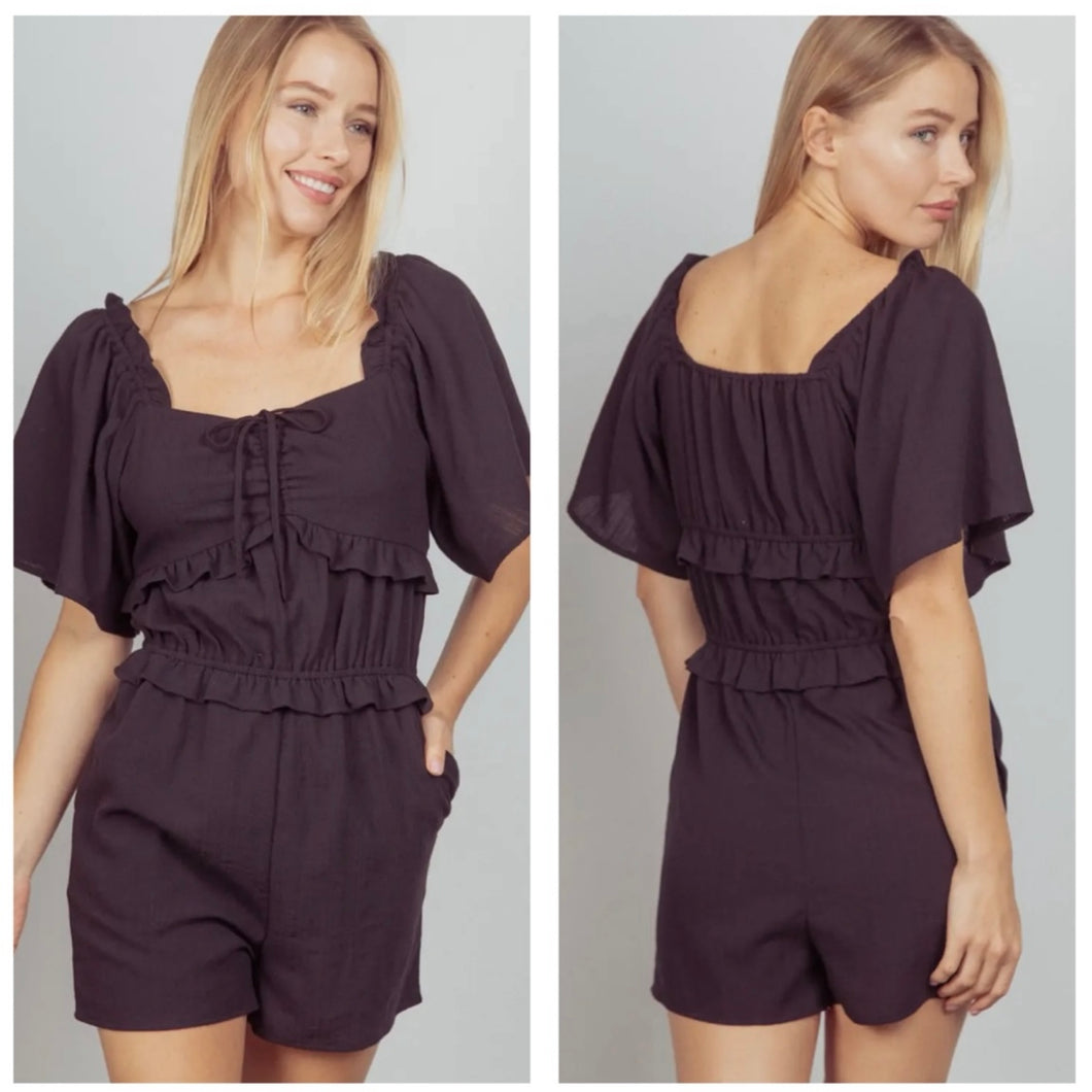 Black short sleeve romper with tie