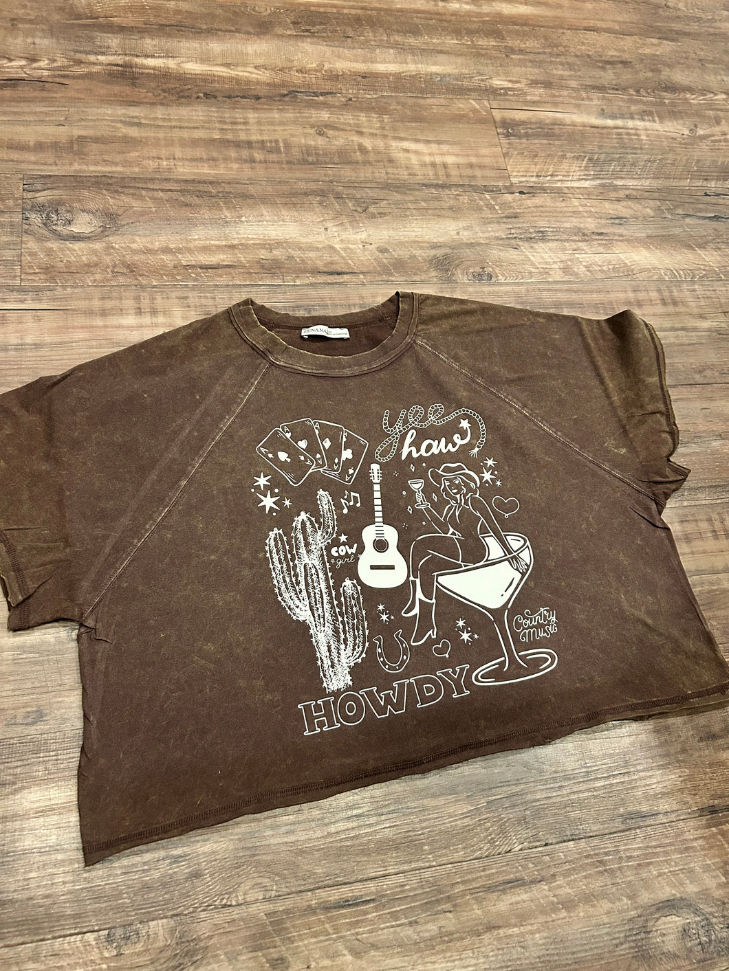 Chocolate brown acid wash pin up martini cowgirl collage western t-shirt