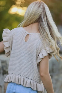 Cream short sleeve ruffle edge sweater top
