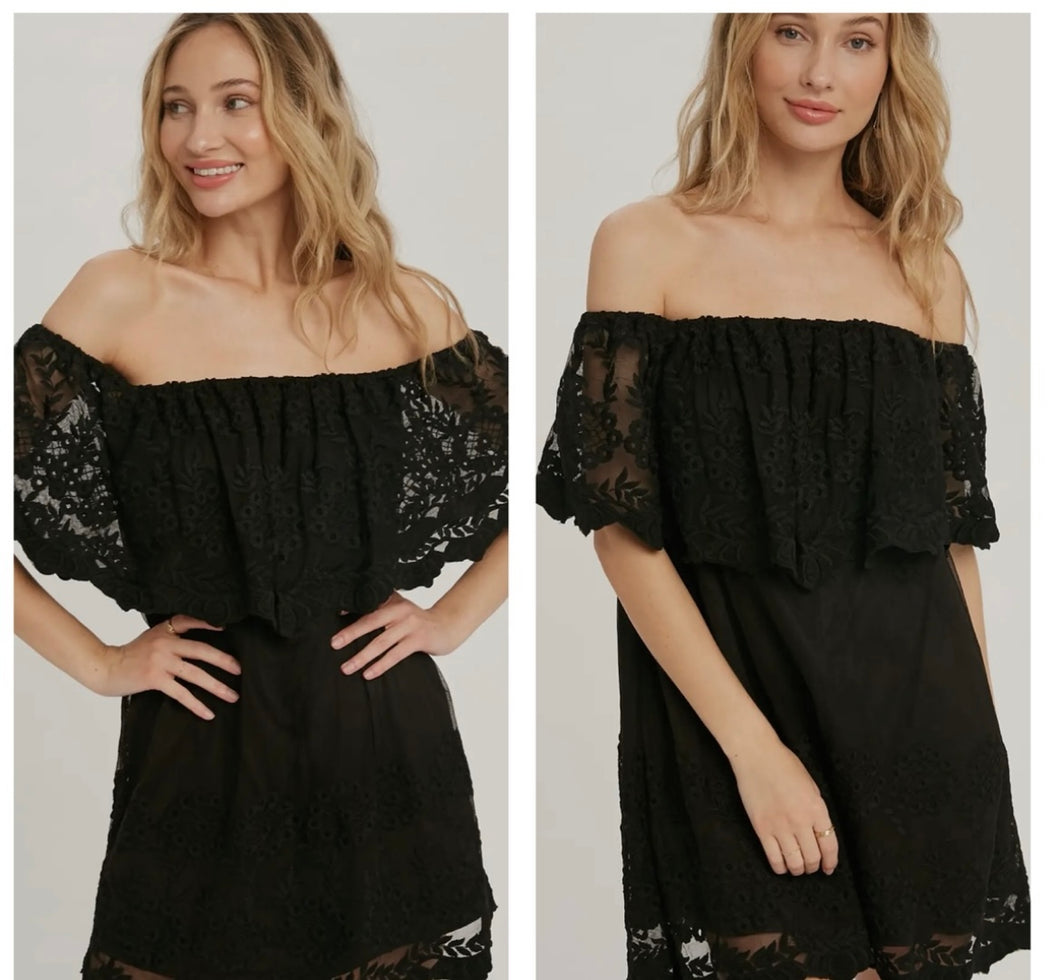 Black lace off the shoulder dress