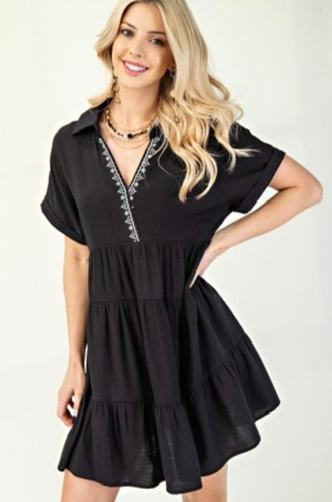 Black short sleeve dress with ivory embroidery accent