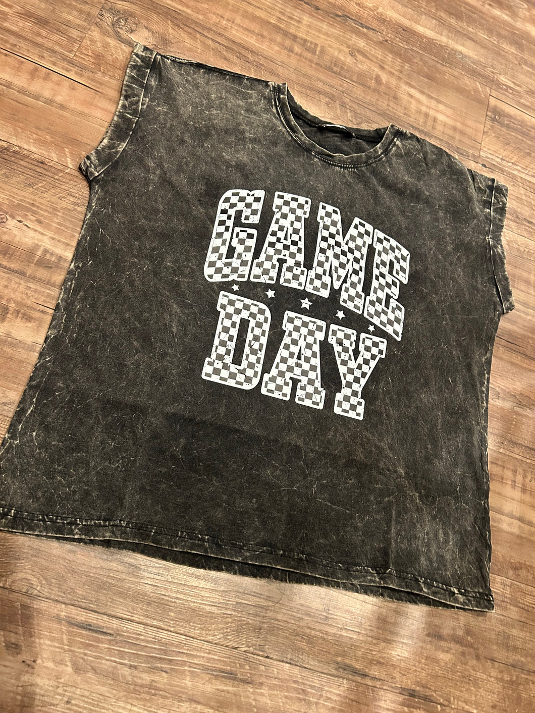 Black acid wash Game Day Checkered t-shirt
