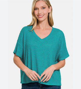 Teal waffle short sleeve top