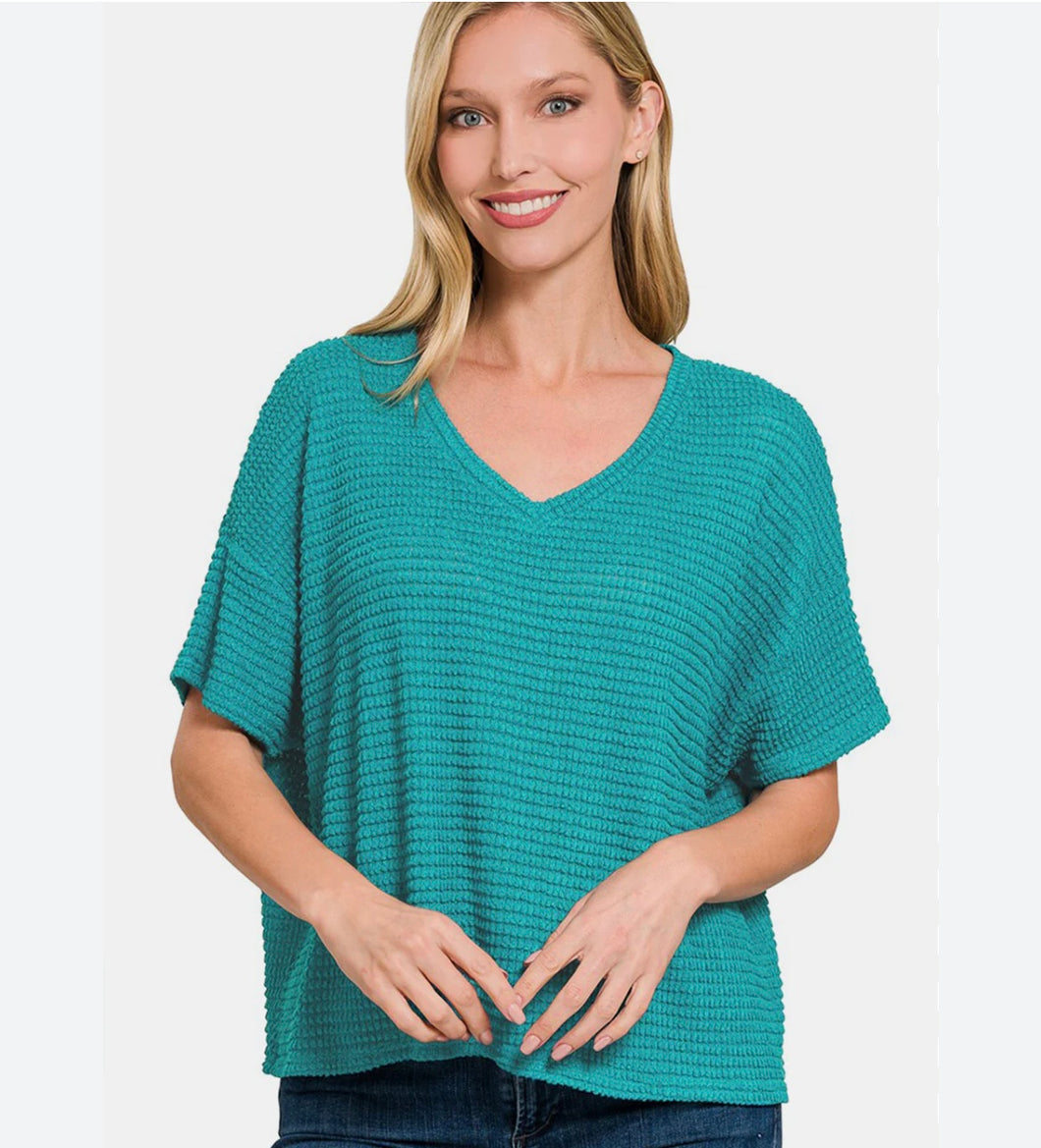 Teal waffle short sleeve top
