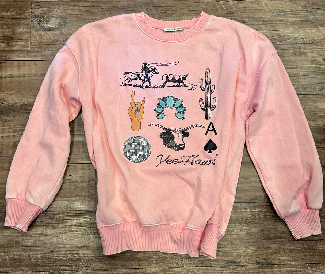 Light pink “yeehaw disco western collage” crewneck