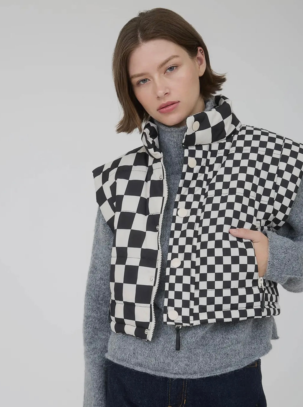 Black & white checkered puffer vest
