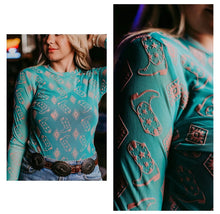 Load image into Gallery viewer, Teal with pink velvet boot &amp; Aztec mesh top

