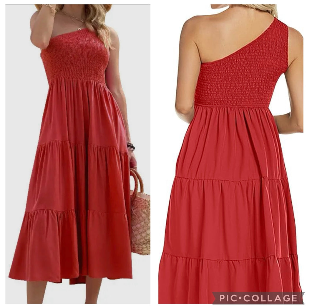 Red 1 shoulder midi scrunch top dress