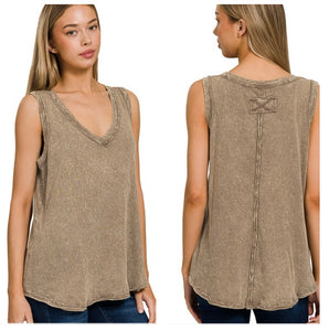 Mocha acid wash v neck tank
