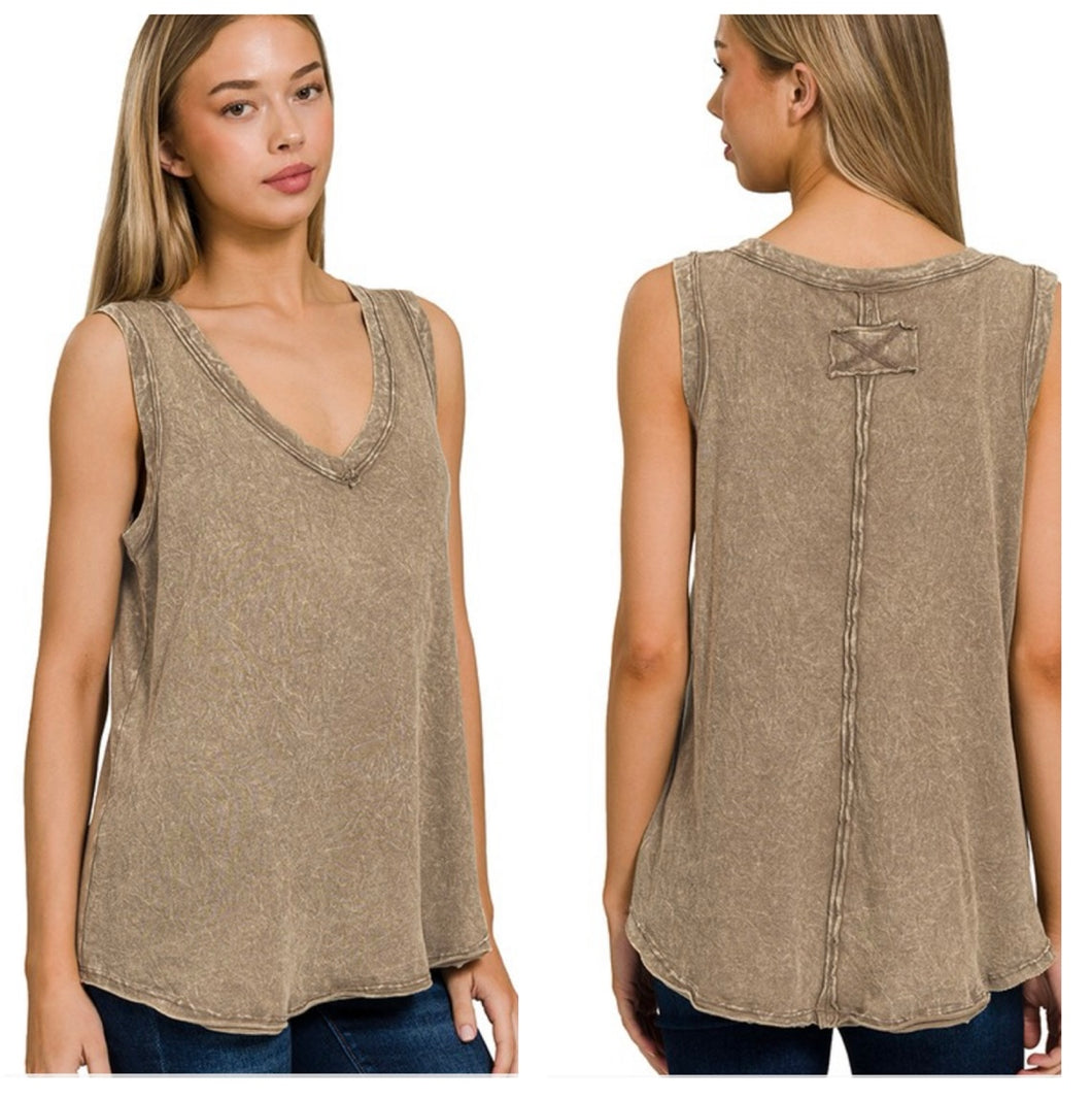 Mocha acid wash v neck tank