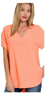 Bright coral short sleeve v neck top