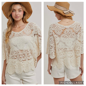 Cream medallion 3/4 sleeve crotchet top