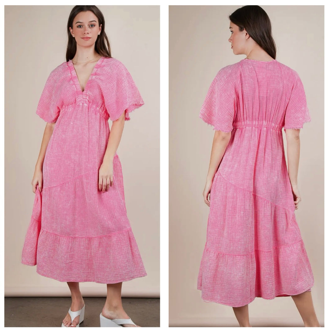 Bubble gum pink acid wash gauze maxi dress