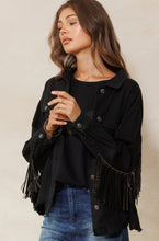 Load image into Gallery viewer, Black denim bling fringe jacket

