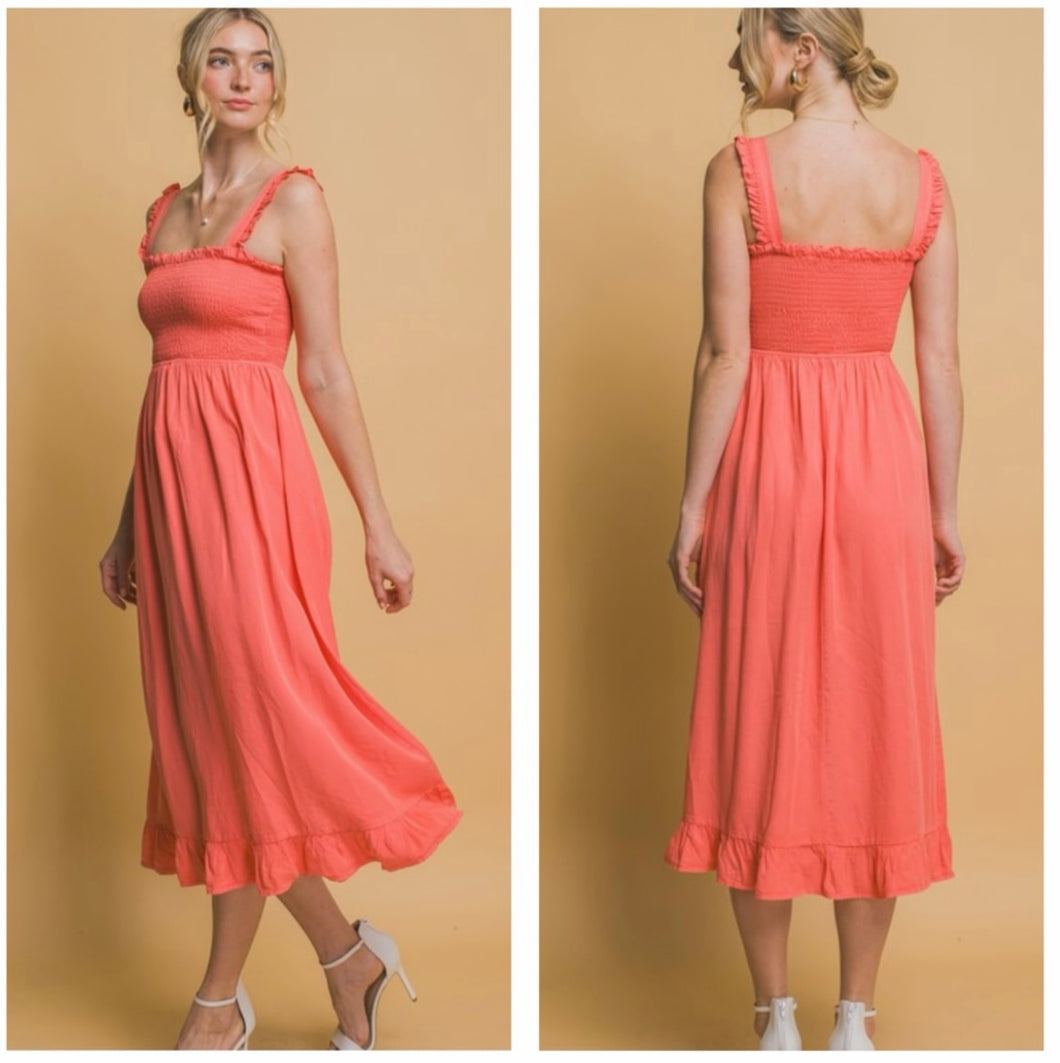 Coral denim scrunch maxi dress