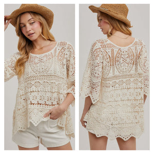 Cream 3/4 sleeve crotchet hi-low top