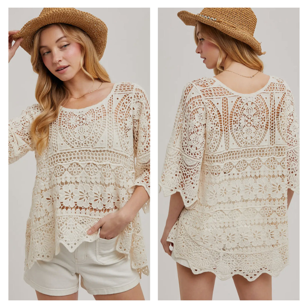 Cream 3/4 sleeve crotchet hi-low top