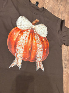 Chocolate brown with rust glitter pumpkin with cream bow fall t-shirt