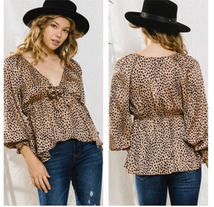 Mocha & Black cheetah satin long sleeve top with bow front