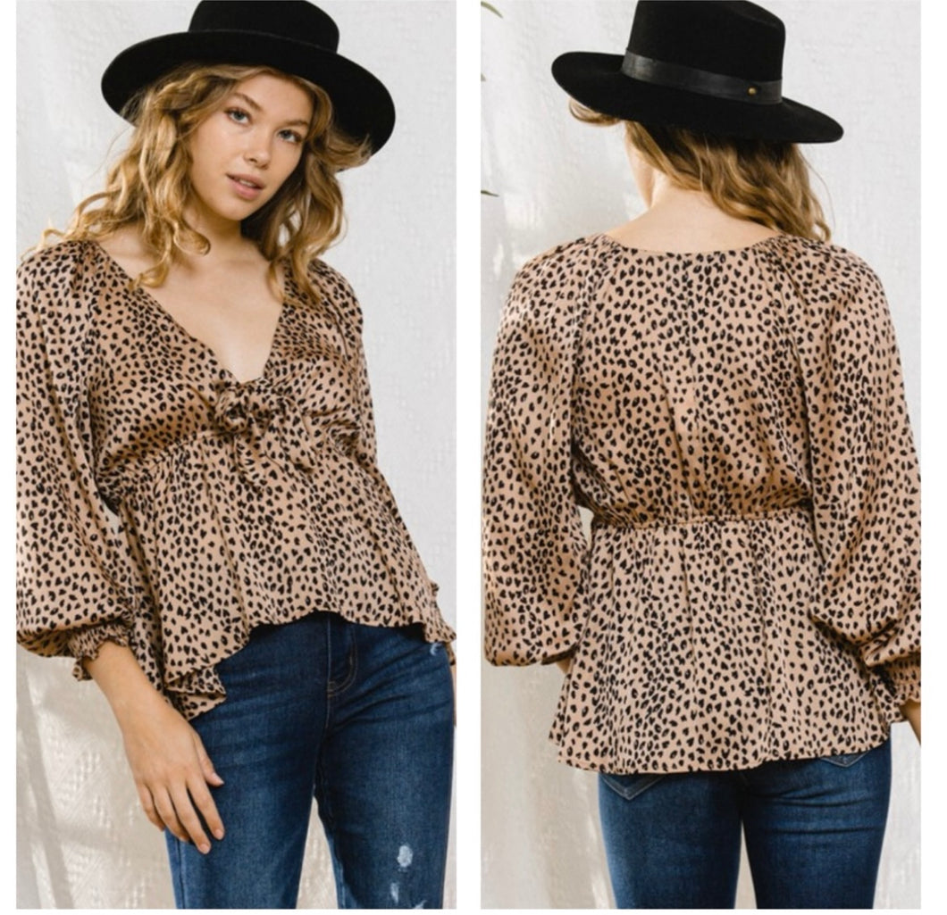 Mocha & Black cheetah satin long sleeve top with bow front