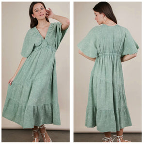 Sage green acid wash gauze maxi dress