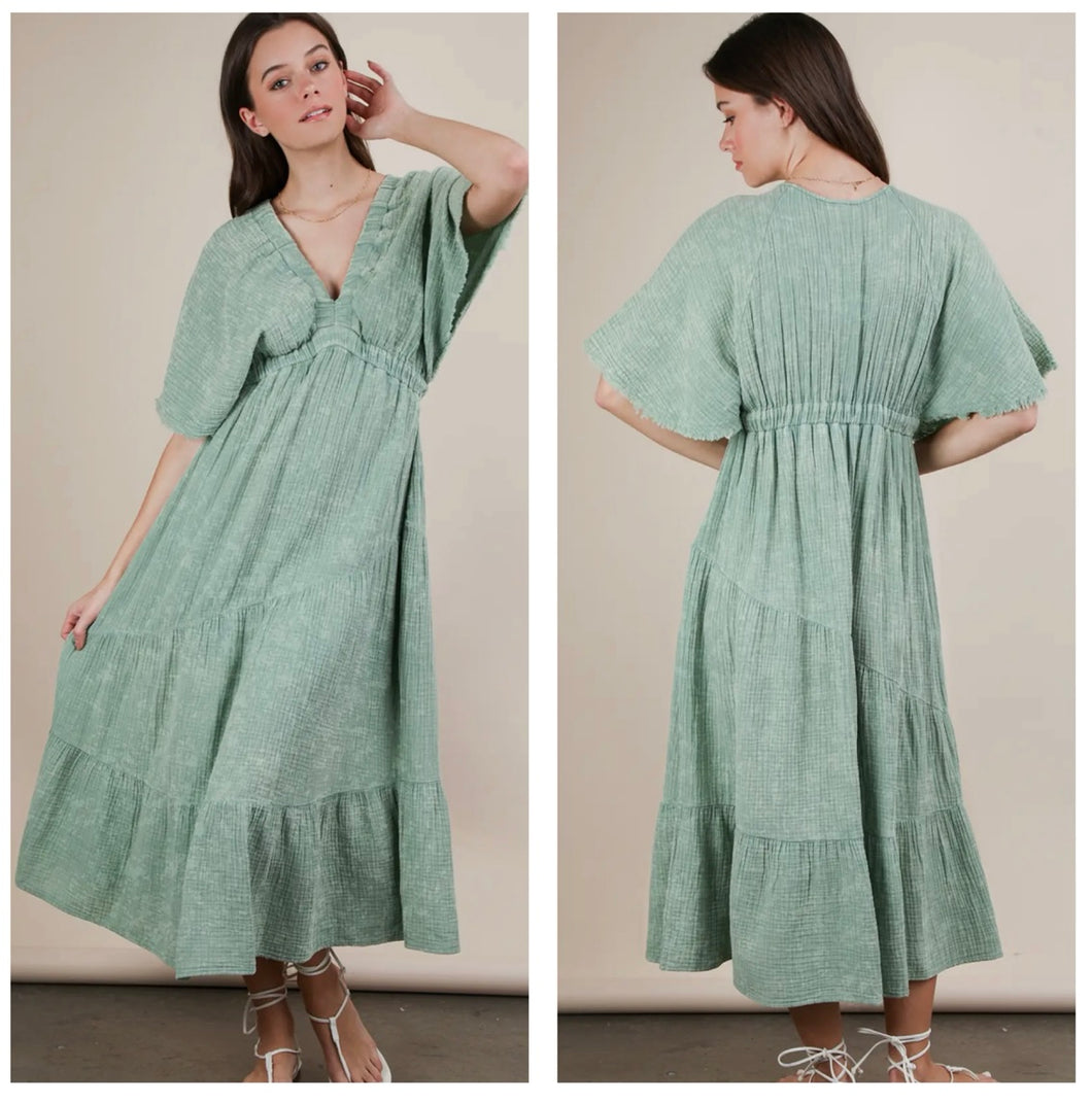 Sage green acid wash gauze maxi dress