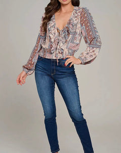 Light pink & denim floral long sleeve top