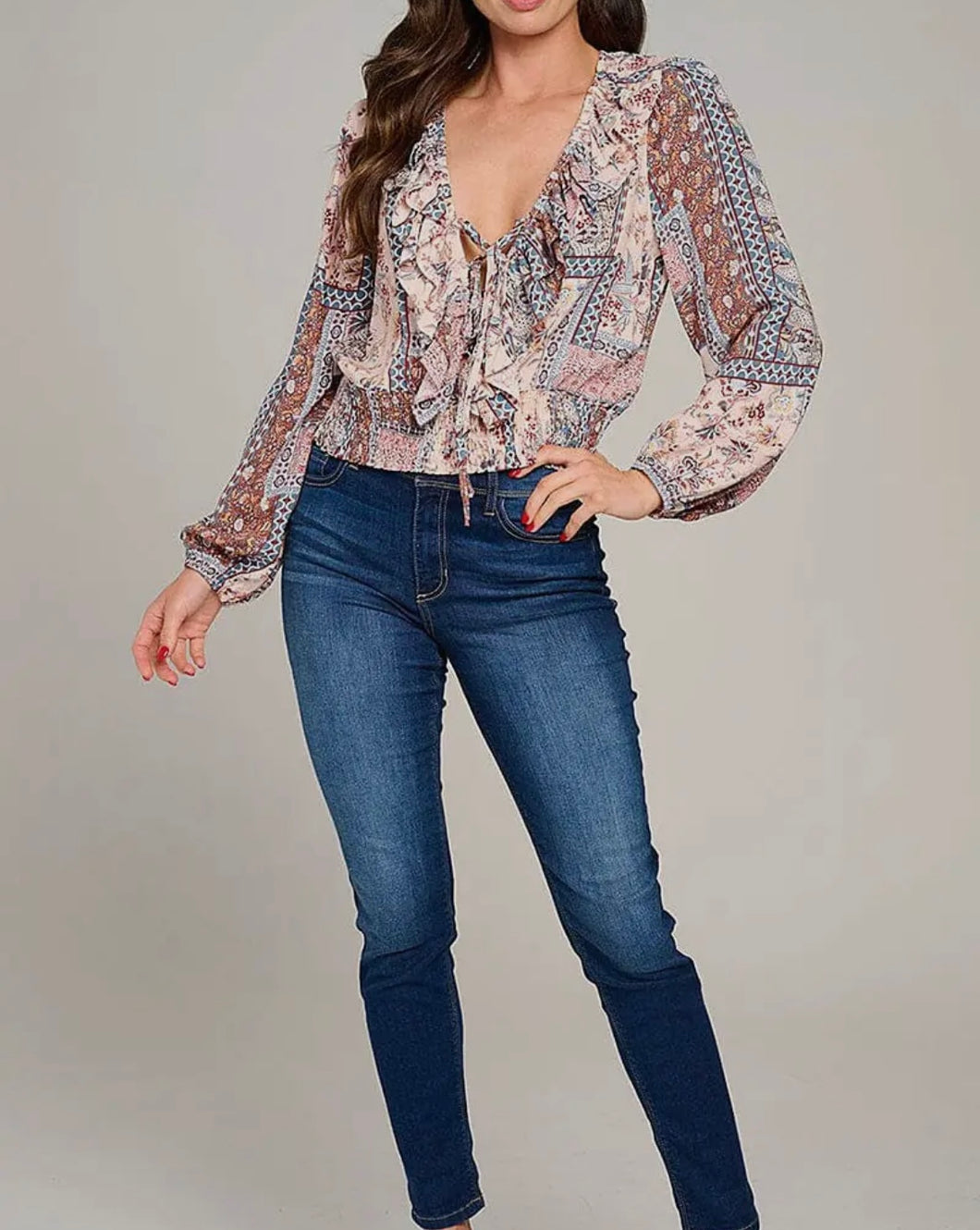 Light pink & denim floral long sleeve top