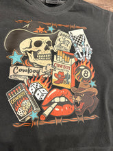 Load image into Gallery viewer, Cowboy skull, Cowboy cigarettes, eight ball western collage t-shirt
