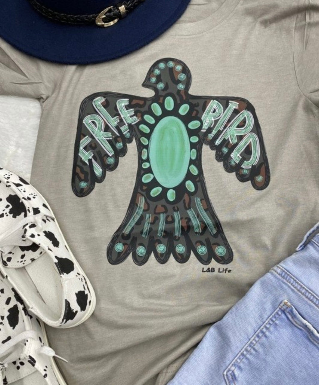 Cement grey with brown cheetah & turquoise free bird thunder bird t-shirt