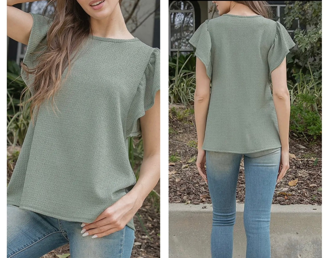 Light Olive green waffle short sleeve ruffle top