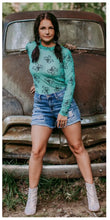 Load image into Gallery viewer, Teal with black velvet bow long sleeve top
