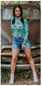 Teal with black velvet bow long sleeve top