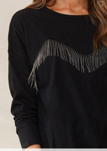 Black long sleeve crewneck with bling fringe accent