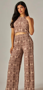 Mocha & brown ribbed medallion 2pc pant set