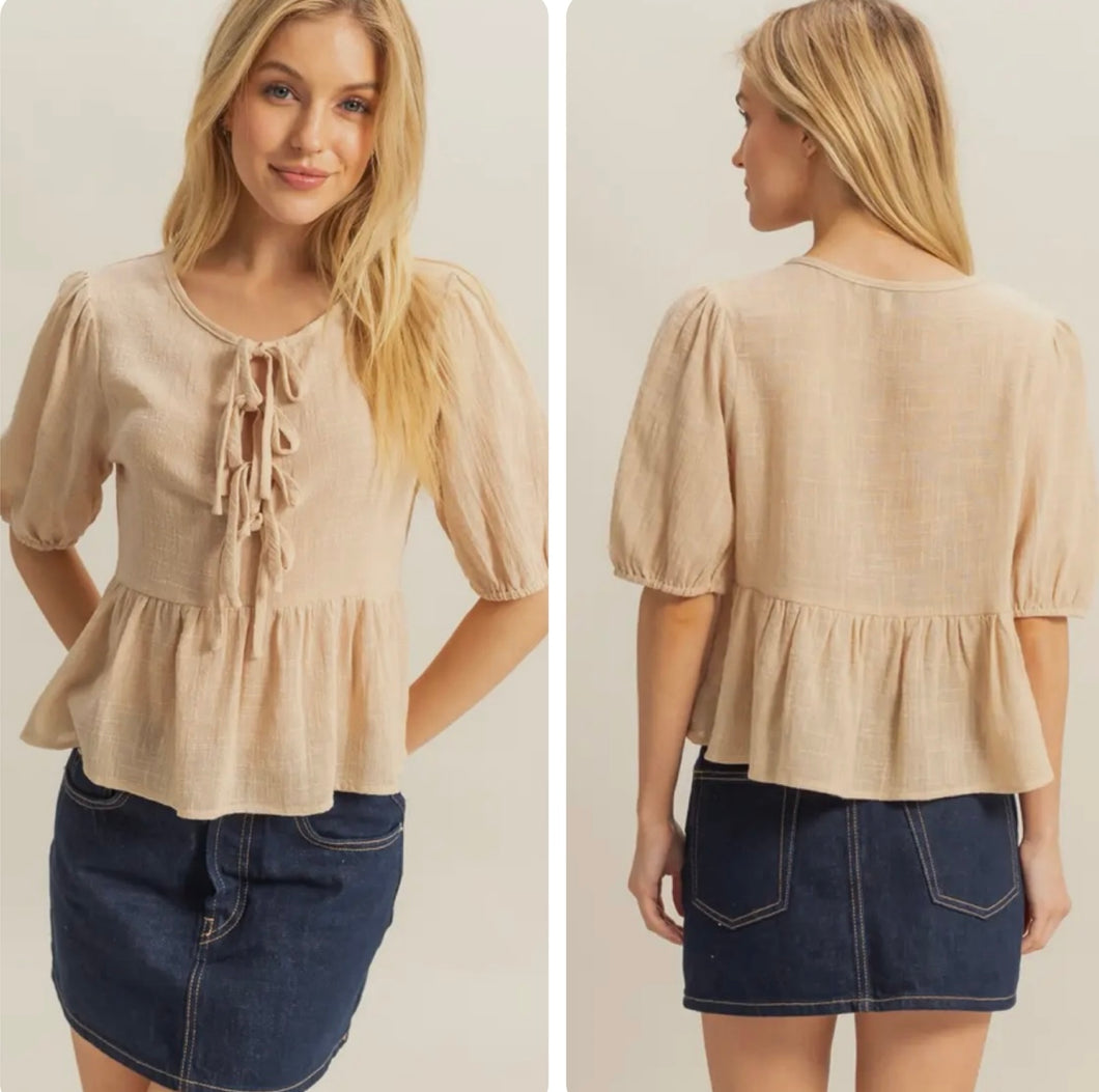 Taupe bow front short sleeve top