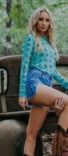 Load image into Gallery viewer, Teal with black brand long sleeve mesh top
