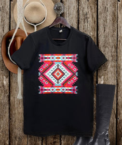 Black with hot pink & teal large Aztec graphic t-shirt