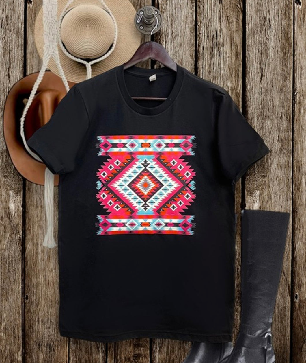 Black with hot pink & teal large Aztec graphic t-shirt