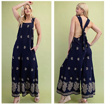 Load image into Gallery viewer, Navy &amp; mocha embroidered paisley overalls
