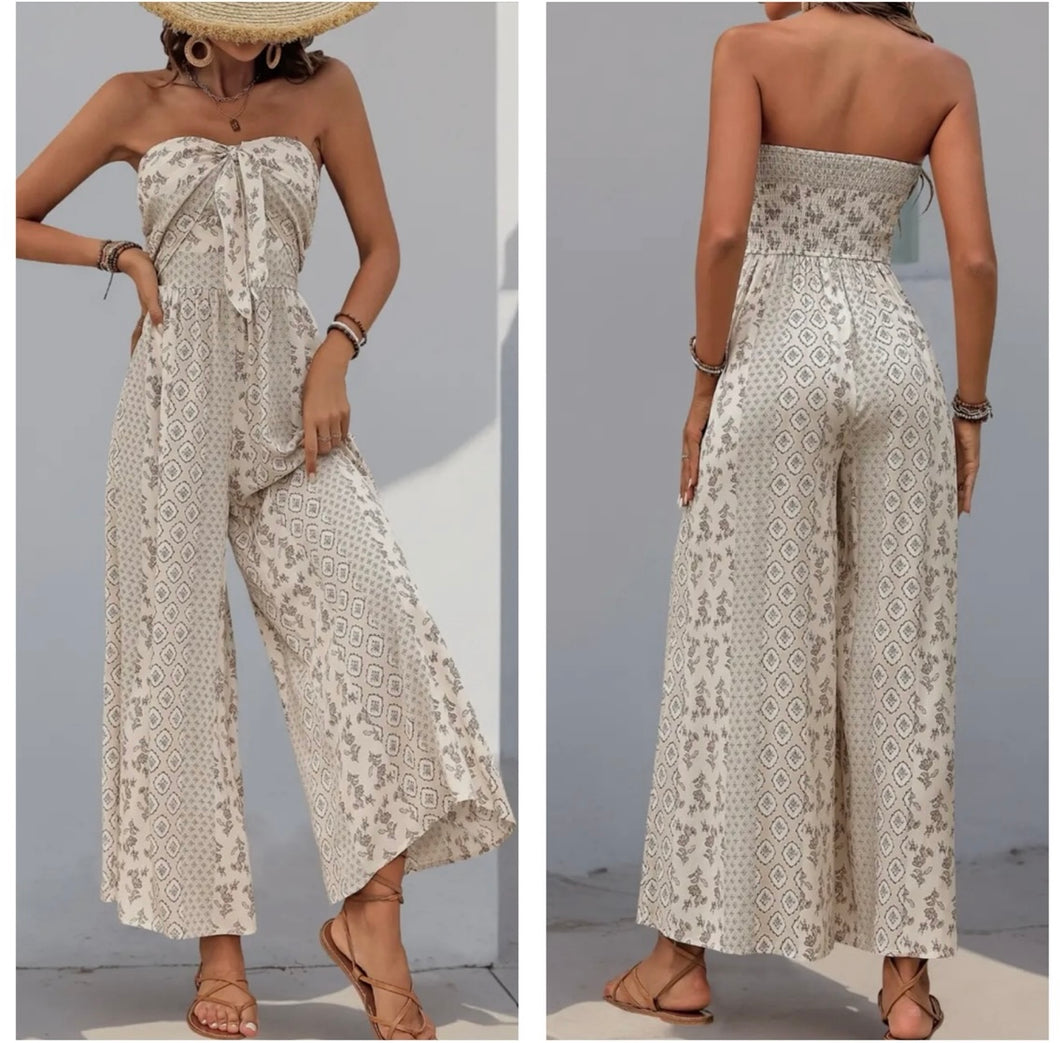 Cream & Grey paisley strapless jumpsuit