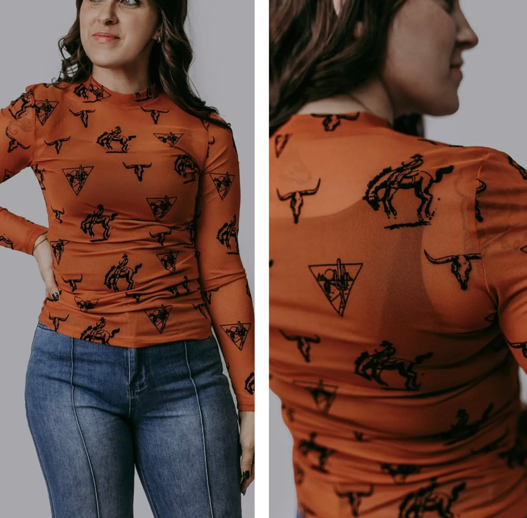 Rust with black velvet overlay mesh long sleeve top