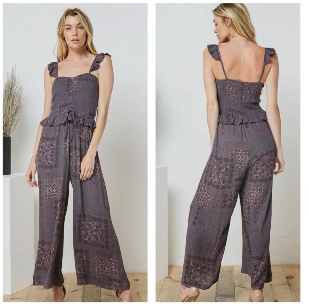 Dark grey & burgundy floral medallion jumpsuit