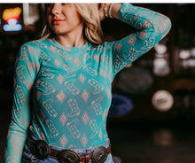 Load image into Gallery viewer, Teal with pink velvet boot &amp; Aztec mesh top
