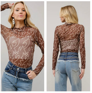 Brown & cream boot stitch mesh long sleeve top